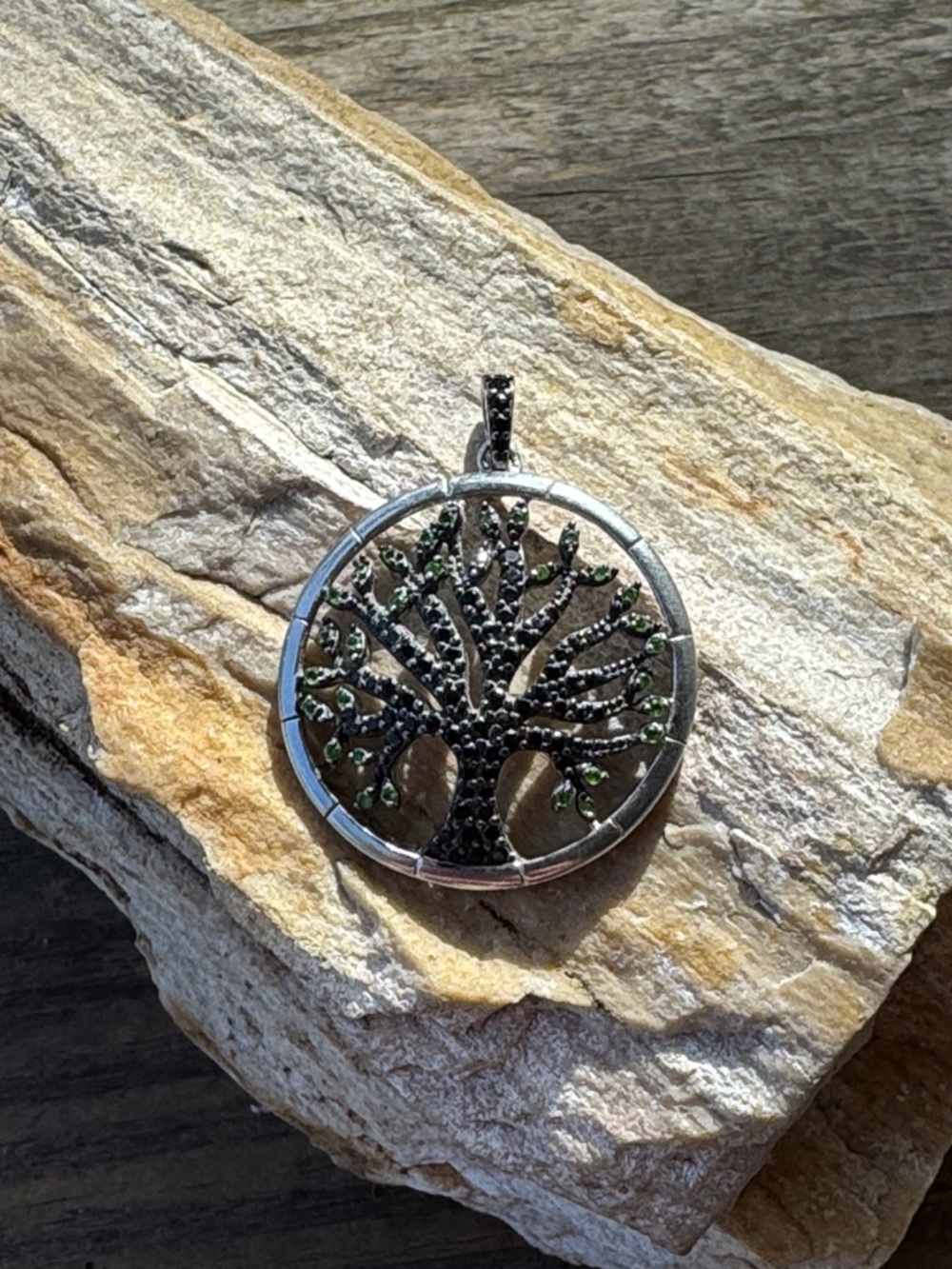 Sterling Silver Tree Pendant with Peridot and Black Spinel